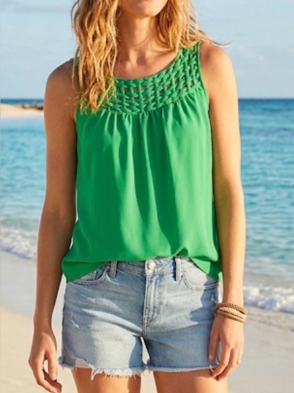Ann Taylor Kelly Green Basket Weave Blouse Sz XS